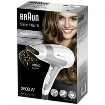 Braun Hair Dryer Satin Hair 5 HD 580 2500 W, Number of temperature settings 3, Ionic function, White/ silver