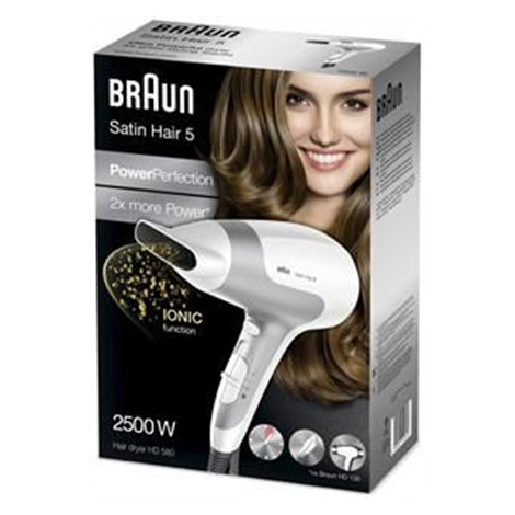 Braun Hair Dryer Satin Hair 5 HD 580 2500 W, Number of temperature settings 3, Ionic function, White/ silver