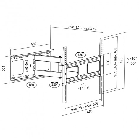 Logilink BP0028 TV Wall mount, 37"-70", tilt +10 -20 ,swievel +-90 , 475mm Logilink Wall Mount, 37-70 ", Maximum weight (capacit