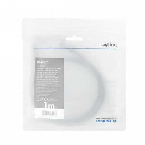 Logilink USB 3.2 Gen 2 cable, C/M to C/M, 4K/60Hz, PD,alu CUA0107 1 m, USB-C male, USB-C male