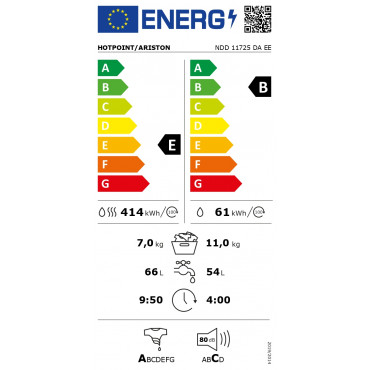 Hotpoint Washing Machine With Dryer NDD 11725 DA EE Energy efficiency class E, Front loading, Washing capacity 11 kg, 1551 RPM, 