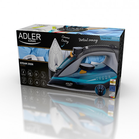 Adler Iron AD 5032 Blue/Grey, 3000 W, Steam Iron, Continuous steam 45 g/min, Steam boost performance 80 g/min, Water tank capaci