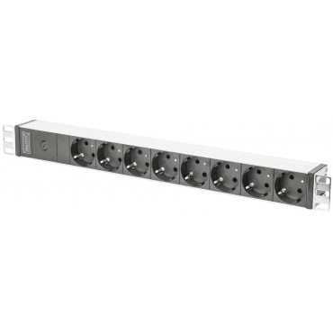 DIGITUS aluminum outlet strip with pre-fuse, 8 safety outlets, 2 m supply IEC C14 plug