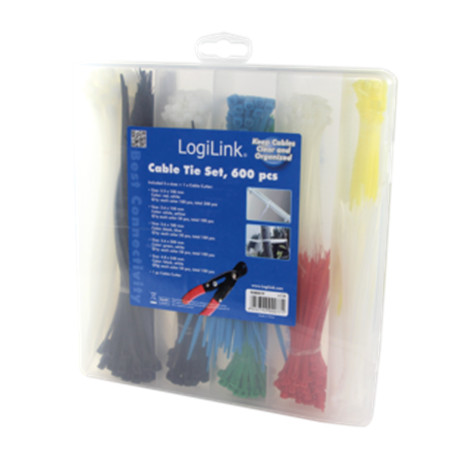 Cable Tie Set, 600pcs., 5 lengths, 1 x cable cutter Logilink