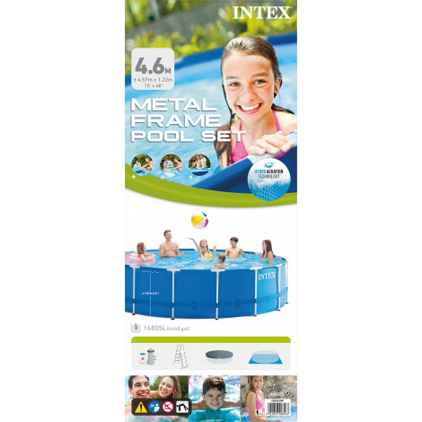 Intex Metal Frame Pool Set with Filter Pump, Safety Ladder, Ground Cloth, Cover Blue, Age 6+, 457x122 cm