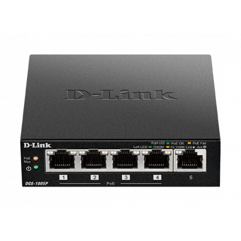 D-Link Switch DGS-1005P Unmanaged, Desktop, 1 Gbps (RJ-45) ports quantity 5, PoE ports quantity 4, Power supply type External