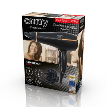 Camry Hair Dryer CR 2255 2200 W, Number of temperature settings 3, Diffuser nozzle, Black