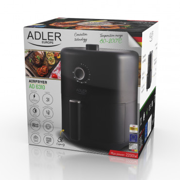 Adler Airfryer AD 6310 Power 2200 W, Capacity 3 L, High-volume hot-air circulation technology, Black