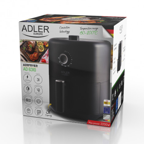 Adler Airfryer AD 6310 Power 2200 W, Capacity 3 L, High-volume hot-air circulation technology, Black