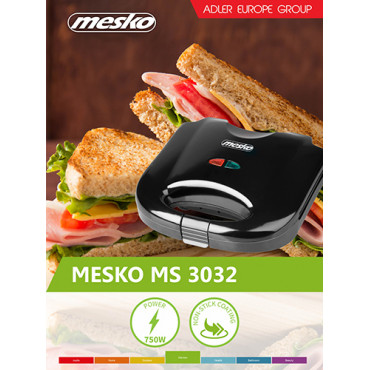 Mesko Sandwich maker MS 3032 750 W, Number of plates 1, Number of pastry 2, Black