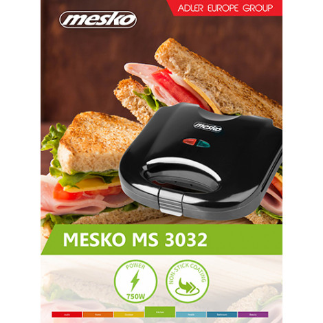 Mesko Sandwich maker MS 3032 750 W, Number of plates 1, Number of pastry 2, Black