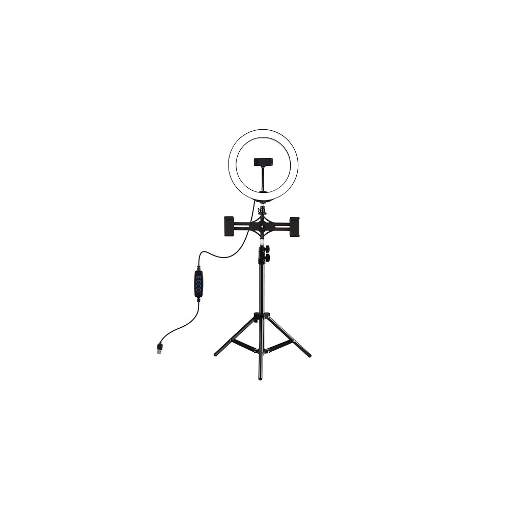 LED žiedinė lempa 26cm, su trikoju stovu iki 1.1m ir 3 telefono laikikliais, USB