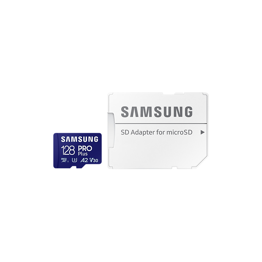 Samsung MicroSD Card with SD Adapter PRO Plus 128 GB, microSDXC Memory Card, Flash memory class U3, V30, A2, SD adapter