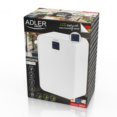 Adler Thermo-electric Dehumidifier AD 7860 Power 150 W Suitable for rooms up to 30 m Water tank capacity 1 L White