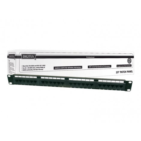 Digitus Patch Panel DN-91624U Black 48.2 x 4.4 x 10.9 cm Category: CAT 6 Ports: 24 x RJ45 Retention strength: 7.7 kg Insertion f