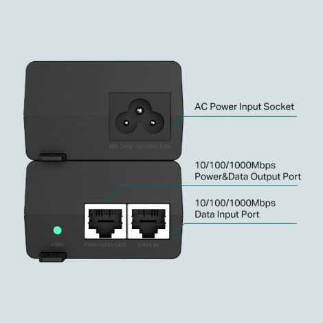 TP-LINK PoE+ Injector Adapter TL-POE160S 10/100/1000 Mbit/s Ethernet LAN (RJ-45) ports 1x10/100/1000Mbps RJ45 data-in port, 1x10
