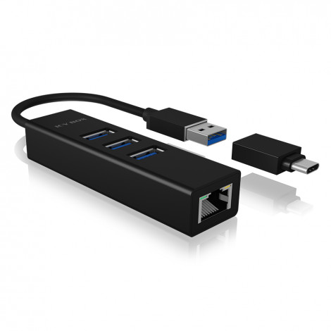 Raidsonic 4 Port Hub with USB 3.0 Type-A, Type-C, Gigabit LAN Icy Box IB-HUB1419-LAN