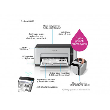 Epson EcoTank M1120 Mono Inkjet Standard Wi-Fi Maximum ISO A-series paper size A4 Black, White Grey