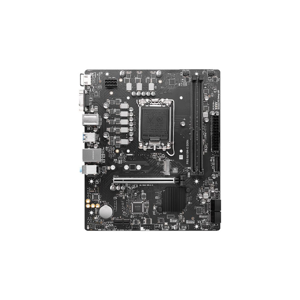 MSI PRO H610M-E DDR4 Processor family Intel Processor socket LGA1700 DDR4 DIMM Memory slots 2 Supported hard disk drive interfac
