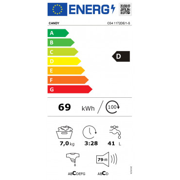 Candy | CS4 1172DE/1-S | Washing Machine | Energy efficiency class D | Front loading | Washing capacity 7 kg | 1100 RPM | Depth 