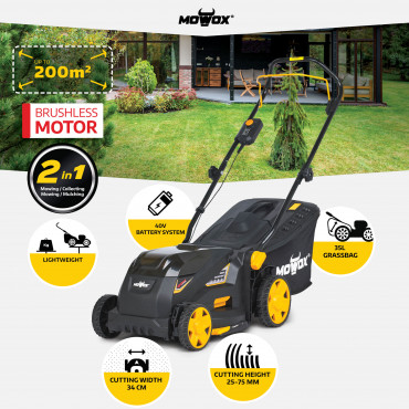 MoWox | 40V Comfort Series Cordless Lawnmower | EM 3440 PX-Li | Mowing Area 200 m