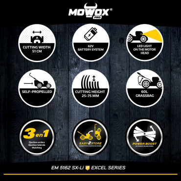 MoWox | 62V Excel Series Cordless Lawnmower | EM 5162 SX-Li | Mowing Area 900 m