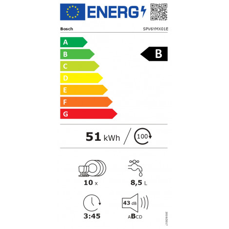 Dishwasher | SPV6YMX01E | Built-in | Width 45 cm | Number of place settings 10 | Number of programs 6 | Energy efficiency class 