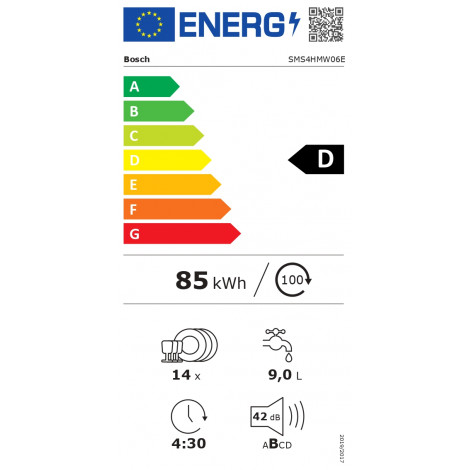 Bosch | Dishwasher | SMS4HMW06E | Free standing | Width 60 cm | Number of place settings 14 | Number of programs 6 | Energy effi