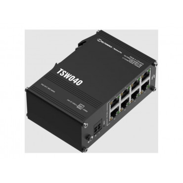 Teltonika TSW040 Unmanaged 8-port PoE+Industrial Switch, 2-pin industrial DC power socket, 7 57 VDC, PoE-out 44-57 VDC, DIN rail