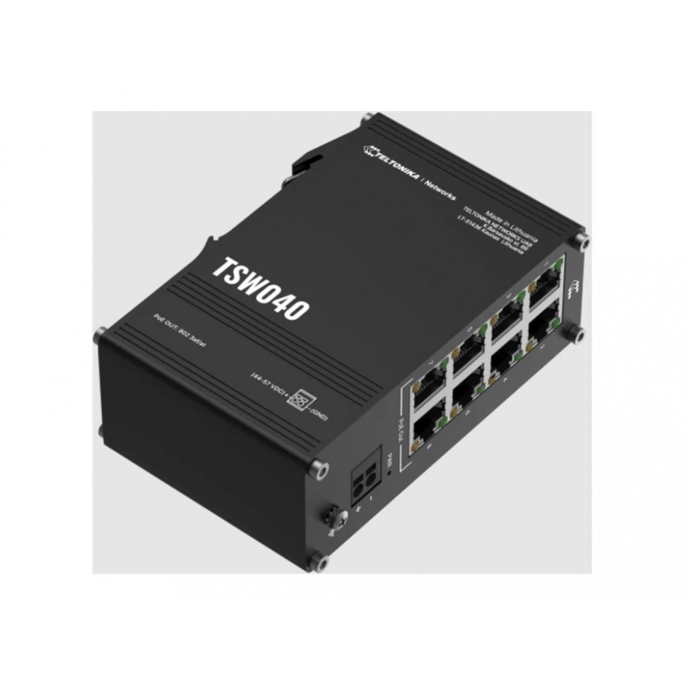 Teltonika TSW040 Unmanaged 8-port PoE+Industrial Switch, 2-pin industrial DC power socket, 7 57 VDC, PoE-out 44-57 VDC, DIN rail