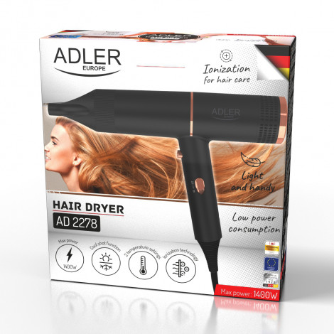 Adler Hair Dryer | AD 2278 | 1400 W | Number of temperature settings 2 | Ionic function | Black