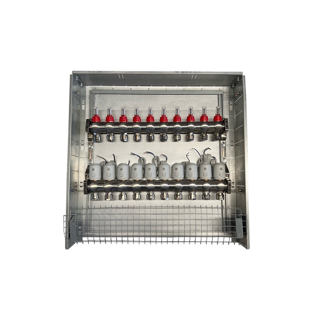 Grindinio šildymo kolektorius 10 kontūrų su terminėmis pavaromis NC AC230V ir debitomačiais