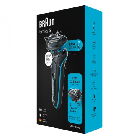 Braun | Shaver | 51-M1000S | Operating time (max) 50 min | Wet & Dry | Lithium Ion | Black/Blue