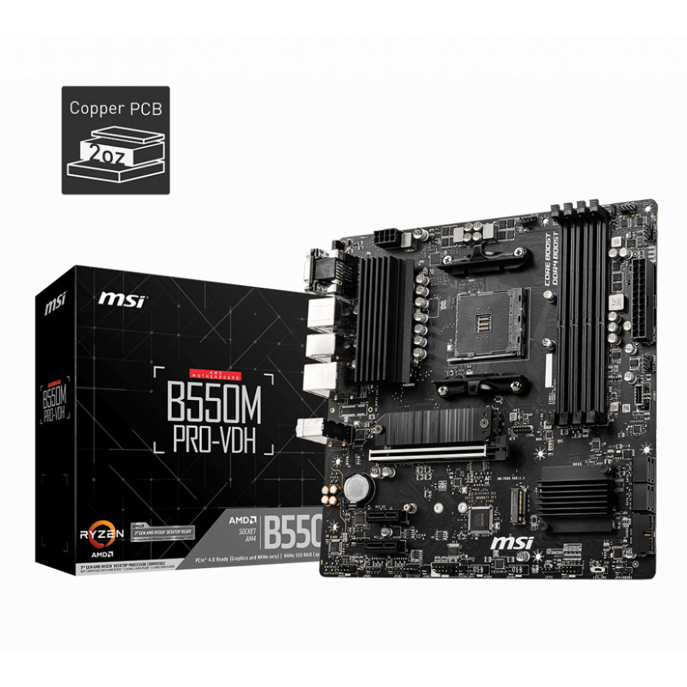 MSI | B550M PRO-VDH | Processor family AMD | Processor socket AM4 | DDR4 | Memory slots 4 | Number of SATA connectors 4 | Chipse