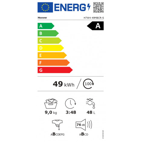 Hoover Washing Machine | H7W4 49MBCR-S | Energy efficiency class A | Front loading | Washing capacity 9 kg | 1400 RPM | Depth 51