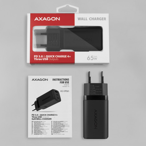 AXAGON GaN wallcharger 3x port (USB-A + 2x USB-C), 65W | ACU-DPQ65