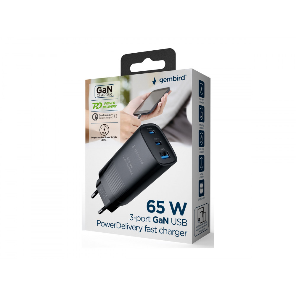 Cablexpert TA-UC-PDQC65-01-BK 3-port 65 W GaN USB PowerDelivery fast charger, black | Cablexpert