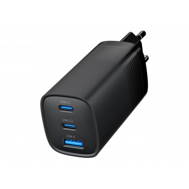 Cablexpert TA-UC-PDQC65-01-BK 3-port 65 W GaN USB PowerDelivery fast charger, black | Cablexpert
