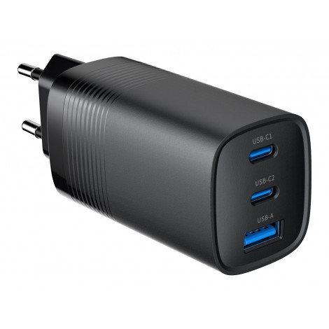 Cablexpert TA-UC-PDQC65-01-BK 3-port 65 W GaN USB PowerDelivery fast charger, black | Cablexpert