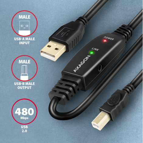 AXAGON USB Repeater Cable, 20 m | ADR-220B | USB Type A to USB Type B