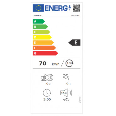Dishwasher | GV520E15 | Built-in | Width 44.8 cm | Number of place settings 9 | Number of programs 5 | Energy efficiency class E