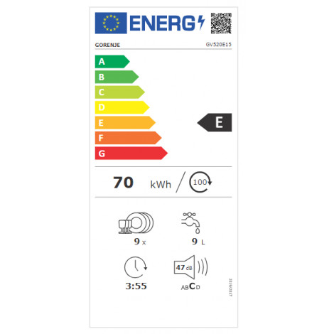 Dishwasher | GV520E15 | Built-in | Width 44.8 cm | Number of place settings 9 | Number of programs 5 | Energy efficiency class E