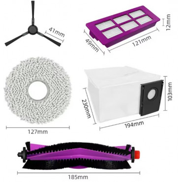 Midea V15 Spare Parts kit: 1x Side Brush, 2x Mop Pad, 1x Roller Brush, 1x Filter, 1x Dust Bag