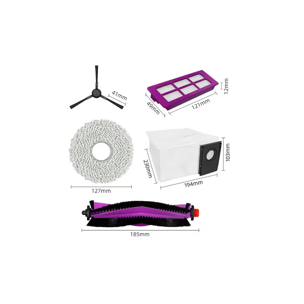 Midea V15 Spare Parts kit: 1x Side Brush, 2x Mop Pad, 1x Roller Brush, 1x Filter, 1x Dust Bag