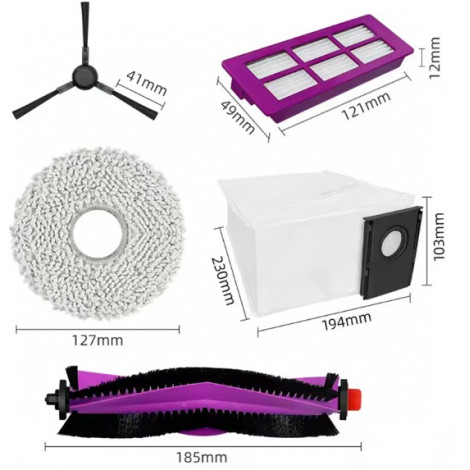 Midea V15 Spare Parts kit: 1x Side Brush, 2x Mop Pad, 1x Roller Brush, 1x Filter, 1x Dust Bag