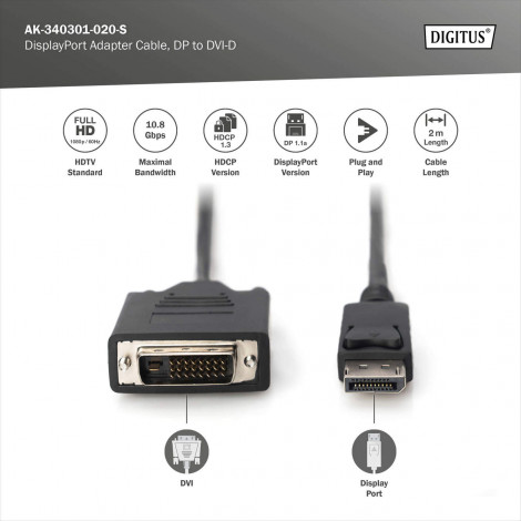 Digitus Adapter Cable, DP - DVI | DisplayPort | 2 m