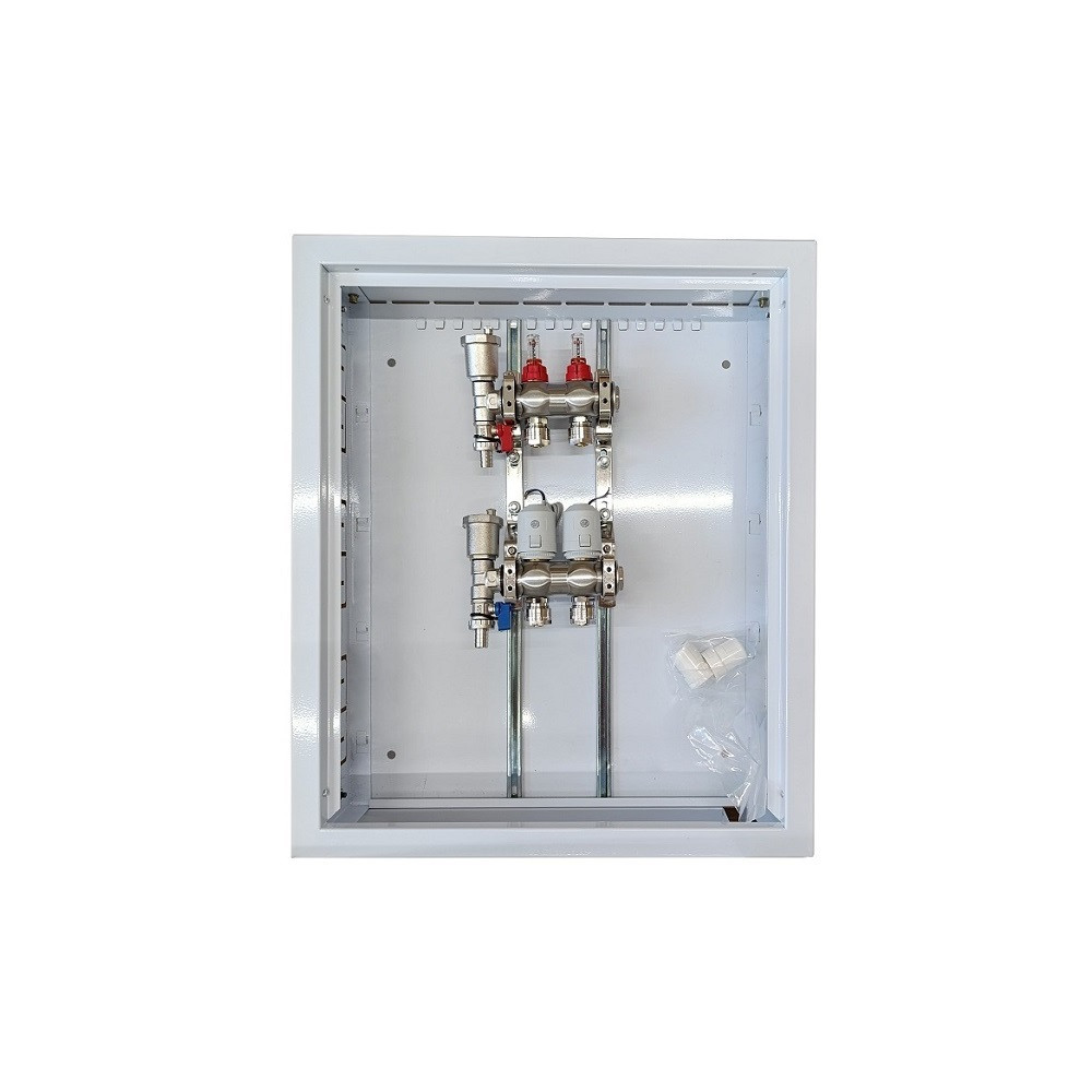 Grindinio šildymo kolektorius 2 kontūrų su terminėmis pavaromis NC AC230V ir debitomačiais