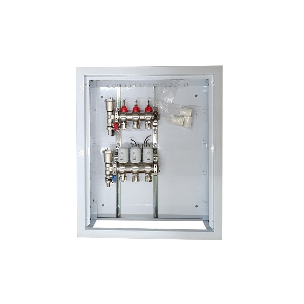 Grindinio šildymo kolektorius 3 kontūrų su terminėmis pavaromis NC AC230V ir debitomačiais