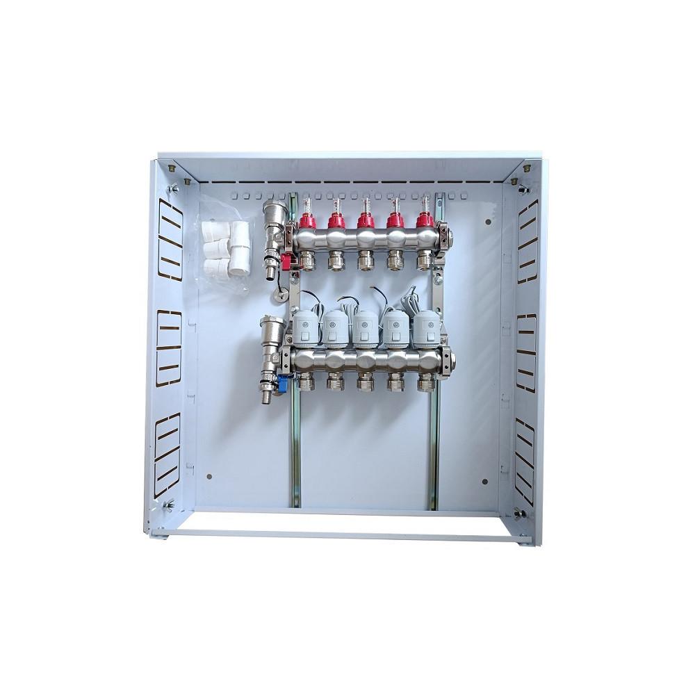 Grindinio šildymo kolektorius 5 kontūrų su terminėmis pavaromis NC AC230V ir debitomačiais