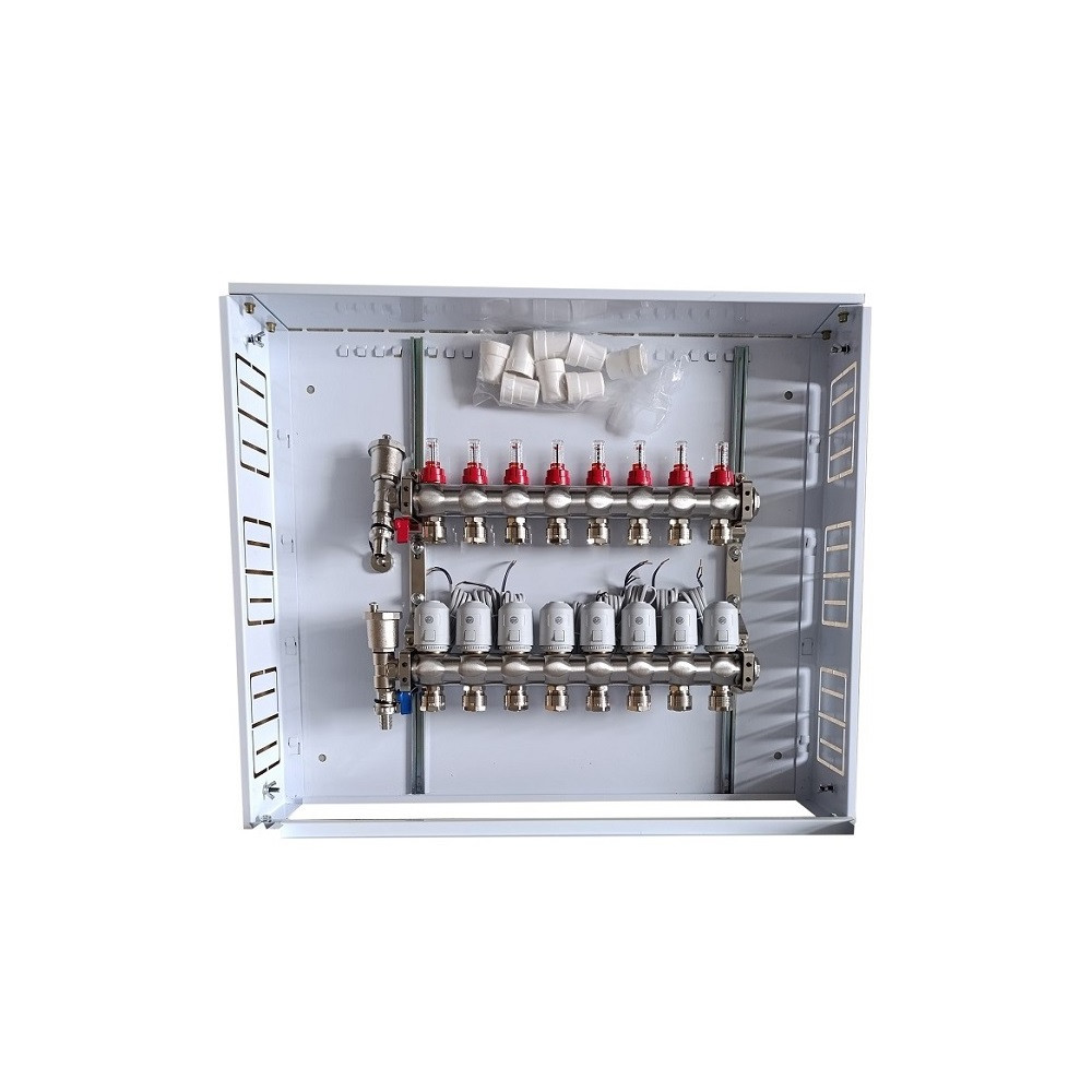 Grindinio šildymo kolektorius 8 kontūrų su terminėmis pavaromis NC AC230V ir debitomačiais